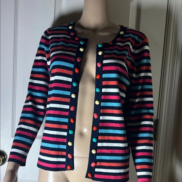 Ruby Rd. Navy Multi-Color Striped Cardigan - Picture 1 of 9